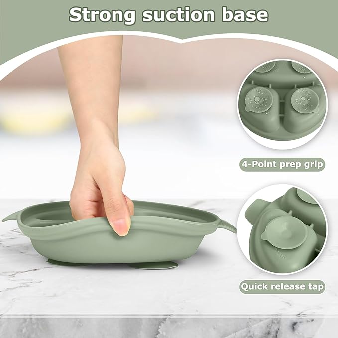 Stainless Steel Baby Plate and Bowl with Suction, Baby Bowl and Divided Kids Toddler Plate with Removable Silicone Shell, Non-Slip Toddler Baby Feeding Set, Forks + Spoons Included-Green
