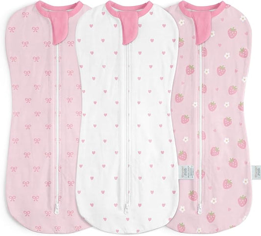 Baby Swaddle 0-2 Months, Cotton Arm-In Zipper Sleep Sack, Wearable Blankets Wrap for Newborn Infant Girls (Bow, Heart, Strawberry, Pack of 3)