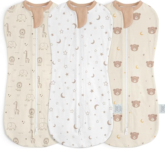 Baby Swaddle 0-2 Months, Cotton Arm-In Zipper Sleep Sack, Wearable Blankets Wrap for Newborn Infant Girls, Boys (Animal, Star Moon, Bear, Pack of 3)