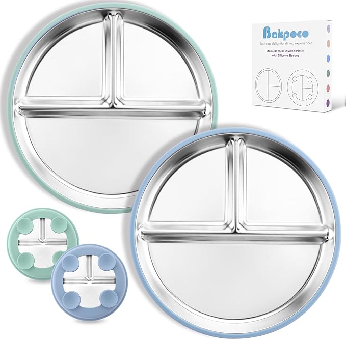 Stainless Steel Toddler Plate with Suction 2Pack, 9” Divided Kids Plates with Silicone Suction for Baby Self Feeding, Non Toxic Non Slip Unbreakable Snack Dishes Dinnerware Set, Blue & Sage
