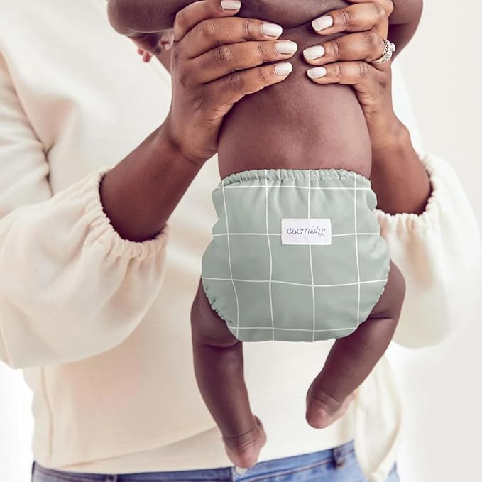 Esembly Cloth Diaper Bundle Set - 3 Organic Cotton Absorbent Inners and 1 Waterproof Outer Diaper Cover - Reusable, Washable, Snap Closure Cloth Diapers - Size 1 (7-17lbs), Lattice