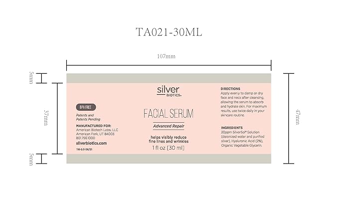 Silver Biotics Anti-aging Colloidal Nano-Silver Facial Serum Gel | Great For Blemishes, Scars & More All Natural Face Care | 20 PPM Silversol + 2% Hyaluronic Acid | 1 fl oz