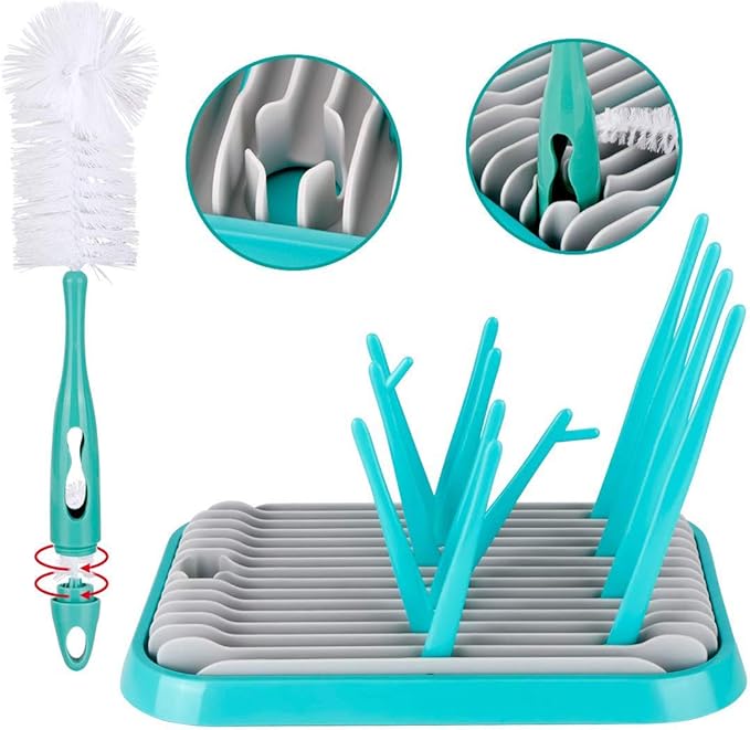 Baby Bottle Drying Rack with Bottle Cleaning Brush Set/Plastic Bag and Bottle Dryer - Drying Rack and The Planet Folds for Easy Storage