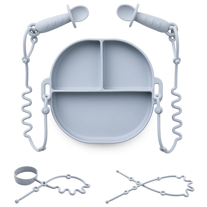 Andy Bear Silicone Plates for Babies with Suction Divided Baby Spoons Silicone Baby Toy Straps All-in-one Plates Silicone Placemat for Babies Toddlers Attachable Tethers & Built-in Suction Cups-Blue