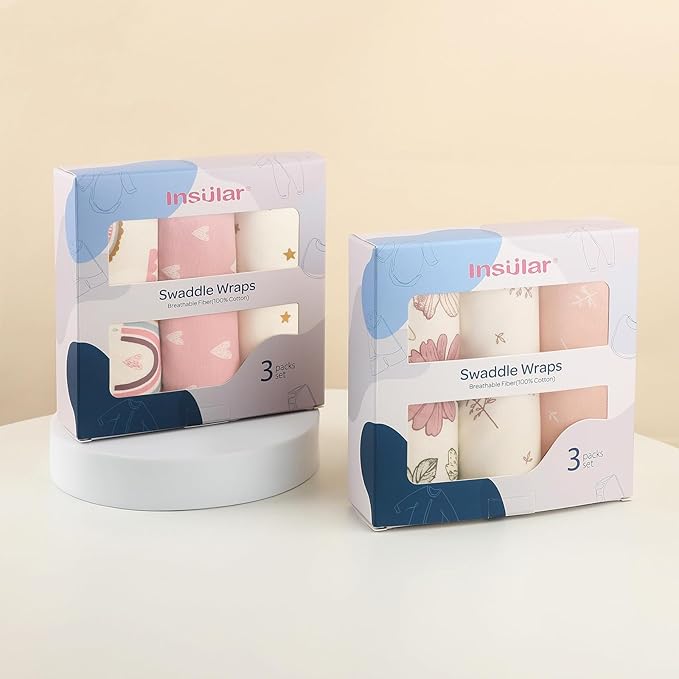 insular Baby Swaddle Wrap, Swaddle Blanket for Newborn and Infant, Adjustable Velcro Swaddling Set for Boy and Girl, Soft Cotton Baby Sleep Sack 3 Pack, Pink Swan, Medium(3-6M)