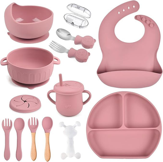 Silicone Baby Feeding Set 15 Pcs，Baby Spoons Suction Bowl Divided Plate Bib Cup Finger Brush ，Baby Led Weaning Supplies,Baby & Toddler Silicone Plates and Bowls Dining Set（pink）