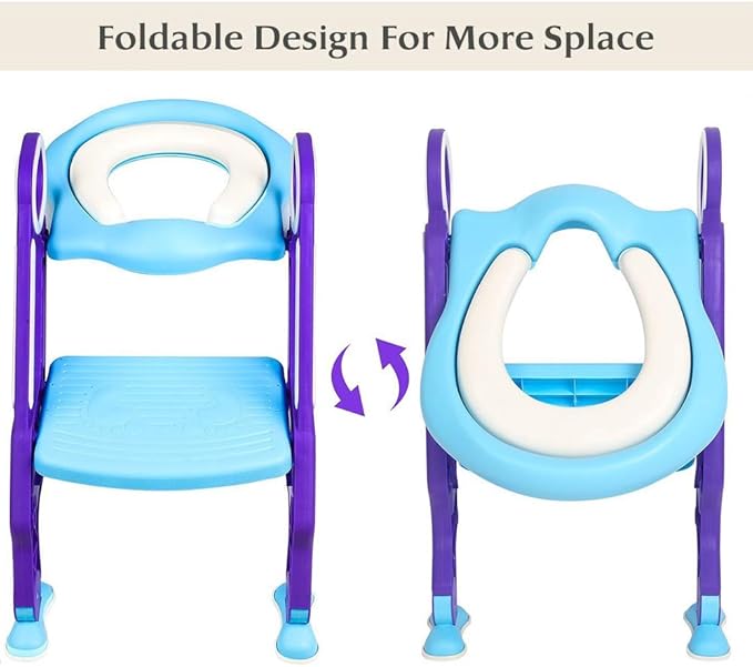 Potty Training Toilet Seat with Step Stool Ladder for Kids and Toddlers Adjustable Toilet Training Seat with Soft Not-Cold Padded Seat Safe Handles and Non-Slip Wide Steps, Purple and Blue