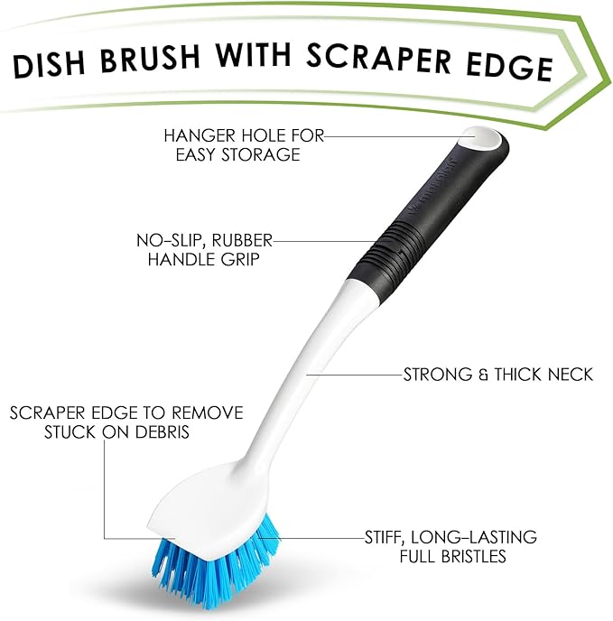 Dish Brush Set of 3 with Water Bottle Brush, Dish Scrub Brush and Scrubber Brush, Long Handle Kitchen Scrub Brushes for Dishes, Bottles, Cups, Pots, Pans and Sinks, Flat Head
