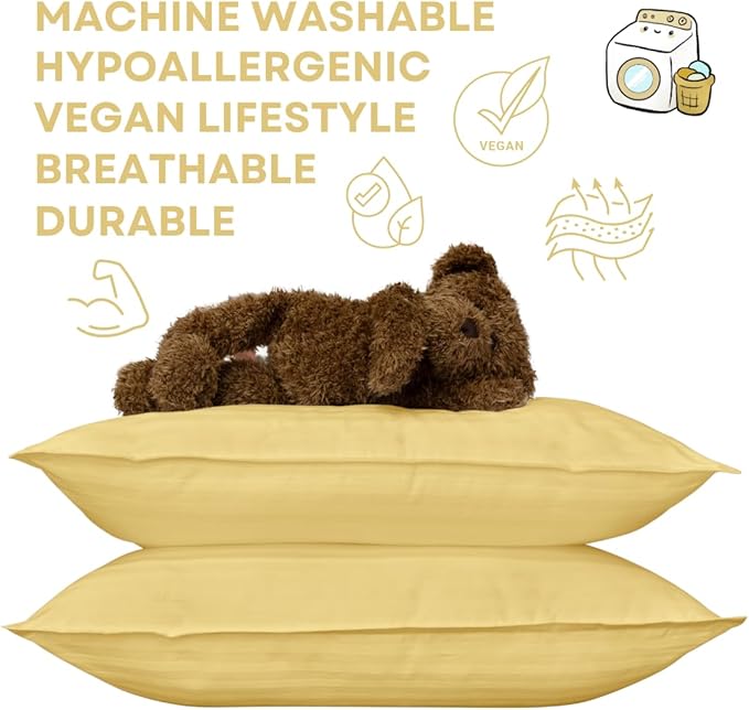 kinder Fluff Kids Pillows (2-Pack) 13x18in - Small Pillow for Kids Age 2+, 100% Cotton Sateen Stripes Shell 300T, Down Alternative Fill, Machine Washable - Children & Travel Cushion - Yellow - S