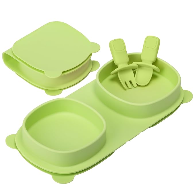 Baby Plates with Suction with Forks and Spoons,Foldable Silicone Toddler Plates,Baby Travel Essential,Microwave & Dishwasher Safe,Green