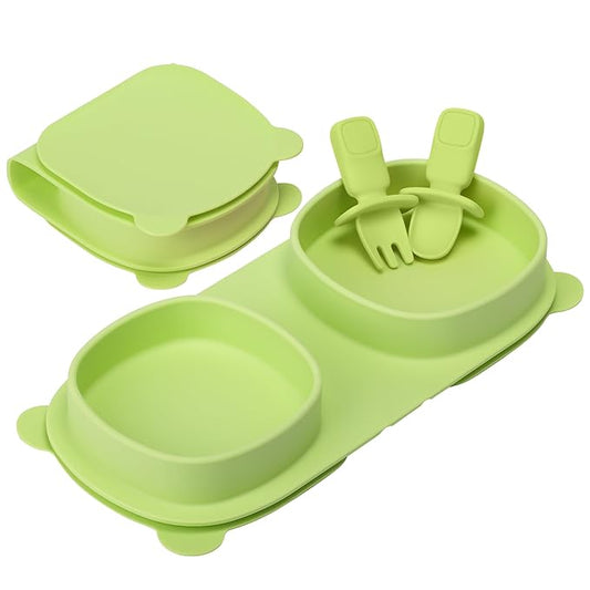 Baby Plates with Suction with Forks and Spoons,Foldable Silicone Toddler Plates,Baby Travel Essential,Microwave & Dishwasher Safe,Green