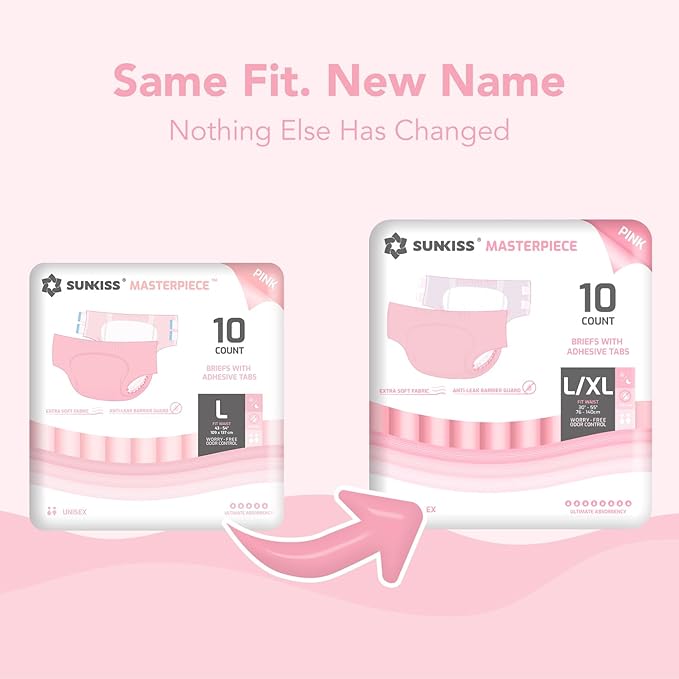 SUNKISS Masterpiece Adult Diapers with Tabs, Unisex Disposable Incontinence Briefs for Women and Men, Odor Control, Pink, Large/XLarge, Previously Large, 40 Count (4 Packs of 10)