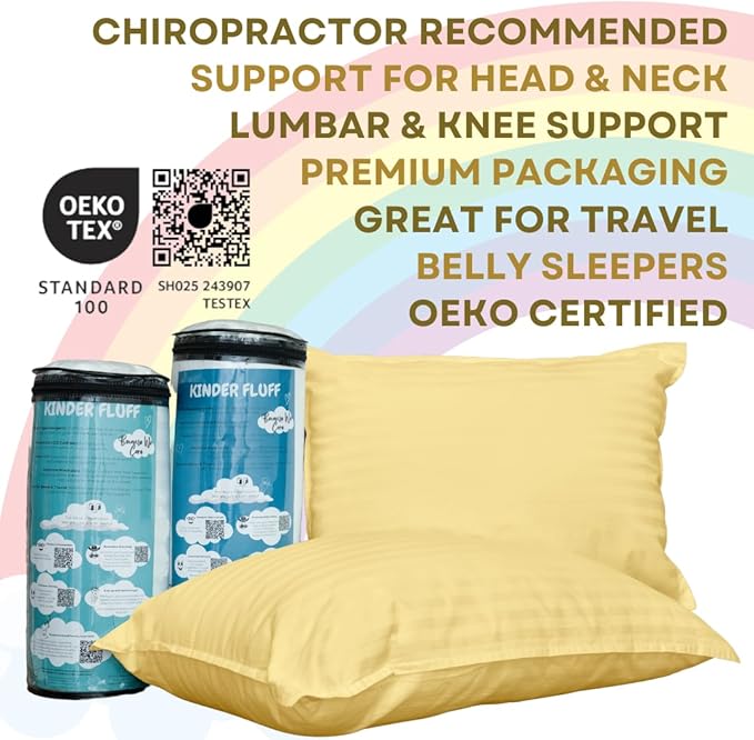 kinder Fluff Children Pillow (2-Pack) 14x20in - Junior Pillows for Kids Age 4+, 100% Cotton Sateen Stripes Shell 300T, Down Alternative Fill, Machine Washable - Children & Travel Cushion - Yellow - M