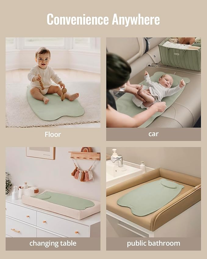 Blissful Diary Vegan Leather Portable Changing Pad, Wipeable, Waterproof Diaper Changing Mat, Newborn Shower Gifts, with Built-in Padding, Light Green