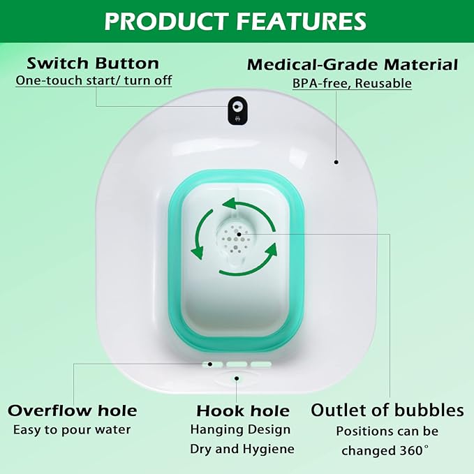 Electric Sitz Bath, Sitz Bath for Hemorrhoids, Sitz Bath for Postpartum Care, Toilet Seat Bowl for Women Men, Sits Bath Soak Tub, Sitz Baths Salts Pan, Butt Bath Basin, Portable, Green