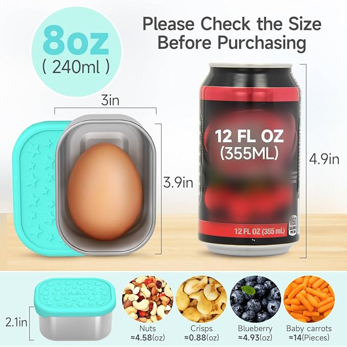 SOPHICO Stainless Steel Snack Containers for Kids, 8 oz Small Food Storage Container 1 Cup with Silicone Lid - Perfect 304 Metal Toddler Lunch Box for Daycare and School, Leak Proof (MIX, 4 PACK)