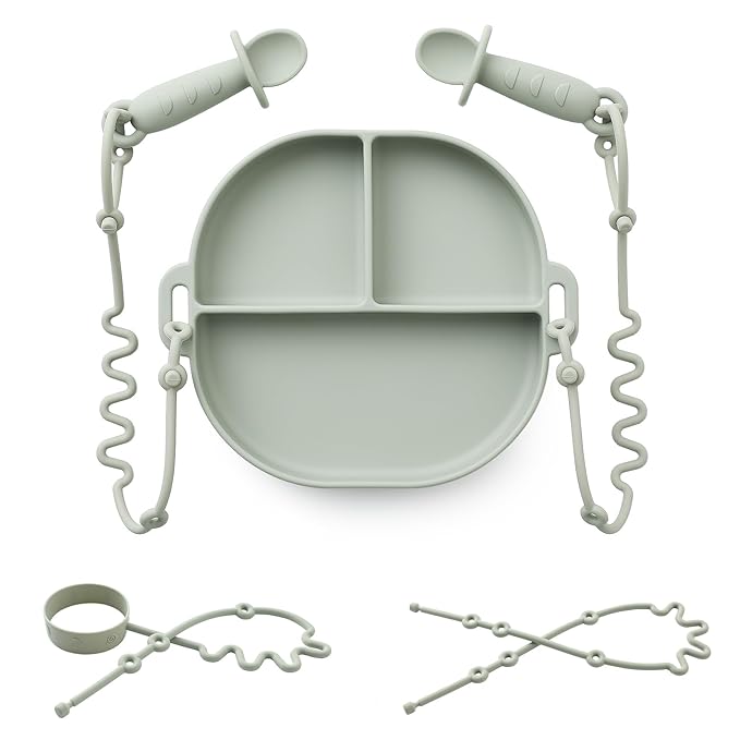 Andy Bear Silicone Plates for Babies with Suction Divided Baby Spoons Silicone Baby Toy Straps All-in-one Plates Silicone Placemat for Babies Toddlers Attachable Tethers & Built-in Suction Cups-Sage