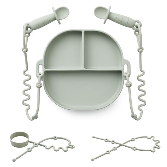 Andy Bear Silicone Plates for Babies with Suction Divided Baby Spoons Silicone Baby Toy Straps All-in-one Plates Silicone Placemat for Babies Toddlers Attachable Tethers & Built-in Suction Cups-Sage