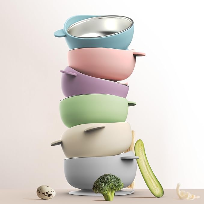 Stainless Steel Baby Bowls with Suction, 2-in-1 SUS304 Toddlers Bowl & Removable Silicone Suction Kids Bowl, Non Toxic Snack Container for Baby Food Feeding, Soft Blue/Sage/Pink/Gray Set of 4