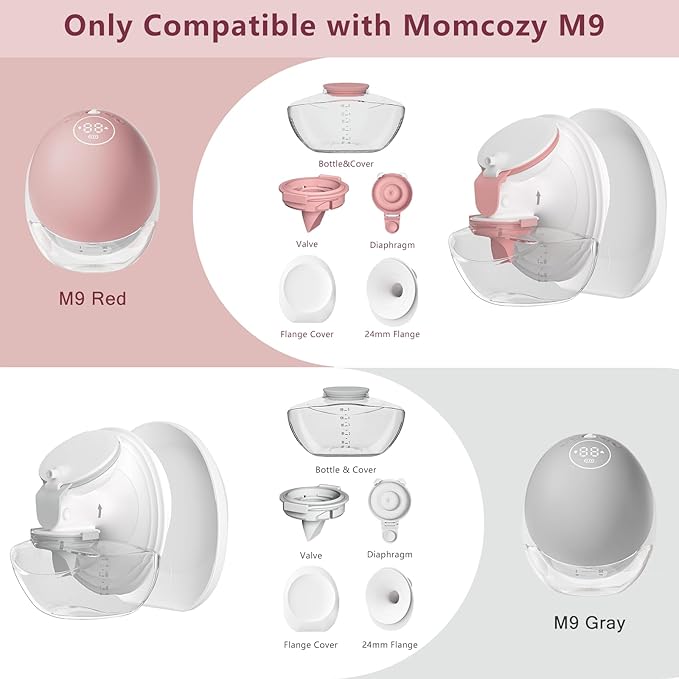 1 Pack M9 Full Set Breast Replacement Part for Momcozy Upgraded Mobile Flow | Upgraded M9, Including 24mm Flange, Gray Valve, Gray Diaphragm,Storage Bottle with Lip,Not Original Parts,One-gray Overall