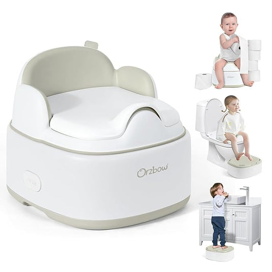 Orzbow 3-in-1 Potty Training Toilet, Detachable Baby Potty, As Toddler Toilet Seat, Chair, Step Stool for Boys & Girls 18+ Months, Potty Training Seat with Splash Guard, Lid, Easy Clean, Brown
