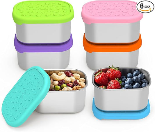 SOPHICO Stainless Steel Snack Containers for Kids, 8 oz Small Food Storage Container 1 Cup with Silicone Lid - Perfect 304 Metal Toddler Lunch Box for Daycare and School, Leak Proof (8oz, 6 Pack)