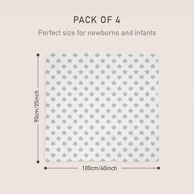 GLLQUEN BABY Muslin Swaddle Blankets 4-Pack Breathable Receiving Blankets (35" x 40") Soft Baby Blankets for Girls and Boys Newborn Essentials Muslin Burp Cloths Swaddle Wrap Baby Gift (Star)