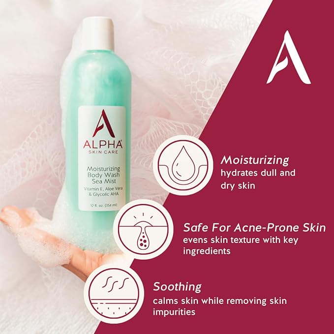 Alpha Skin Care Moisturizing Body Wash, Gentle Soap-Free Anti-Aging Formula, Glycolic AHA, Vitamin E & Aloe Vera, Conditions & Soothes, All Skin Types Hydroxy Acid, 12 Oz, Pack of 3