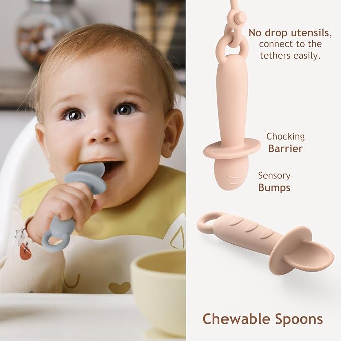 Andy Bear Silicone Plates for Babies with Suction Divided Baby Spoons Silicone Baby Toy Straps All-in-one Plates Silicone Placemat for Babies Toddlers Attachable Tethers & Built-in Suction Cups-Sage