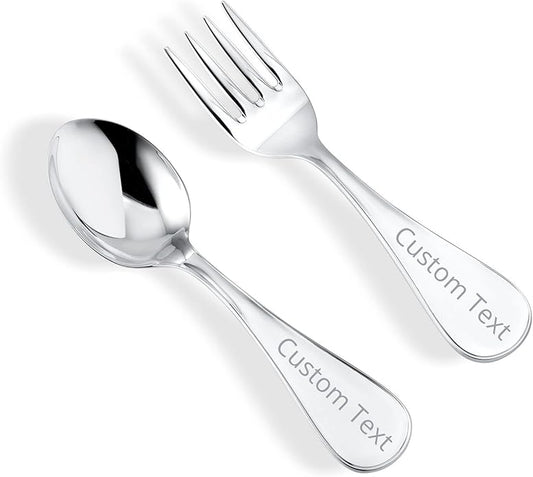Sterling Silver Baby Spoon Fork Set Personalized Engravable | Complete with Gift Box | Keepsake Gift for Baby | Made in Italy