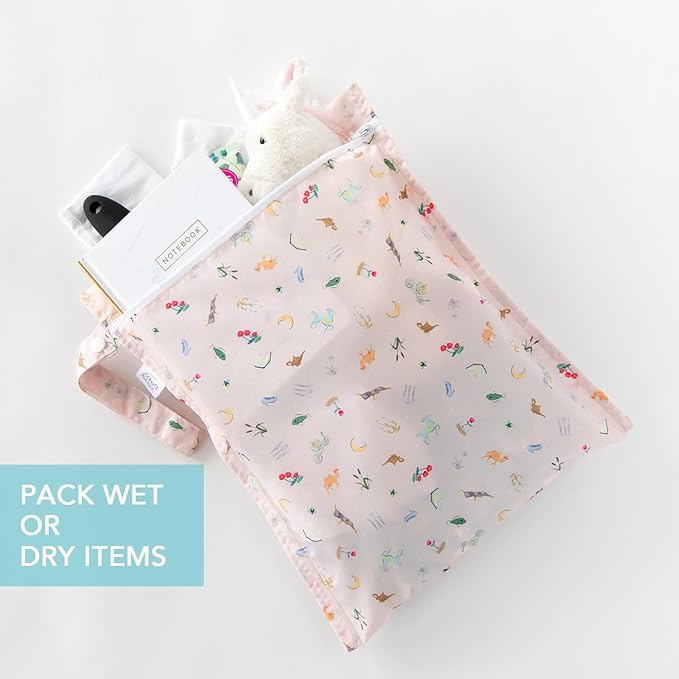 Bumkins - Waterproof Wet Bag & Clear Travel Bags - For Beach, Baby, Travel, Swim Suit, Cloth Diapers, Pump Parts, Pool, Gym, Toiletries - Reusable & Easy to Clean - Disney Princess Pink - 4 Pack