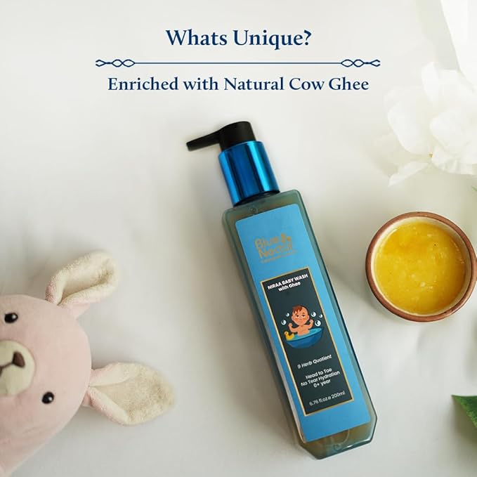 Blue Nectar Baby Wash for Bath with Organic Ghee | Gentle Cleanser Body Wash for Kids | Top to Toe Wash for Baby with Natural Moisturizer (6.76 Fl Oz, 9 Herbs)