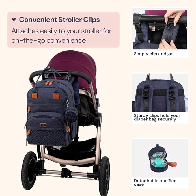 BabbleRoo Diaper Bag Backpack - Baby Essentials Travel Tote - Multi Function Water Resistant Diaper Bag, Travel Essentials Baby Bag with Changing Pad, Stroller Straps & Pacifier Case - Navy Blue