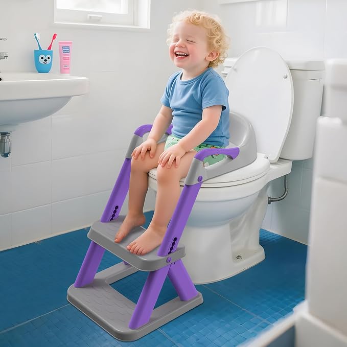 SKYROKU New Sector-Shape Stabilized Base 2-in-1 Toddler Toilet Seat, Potty Training Toilet with Splash Guard, Anti-Slip Pad, and Step Stool (Dark Blue) (8868-Grey Purple)