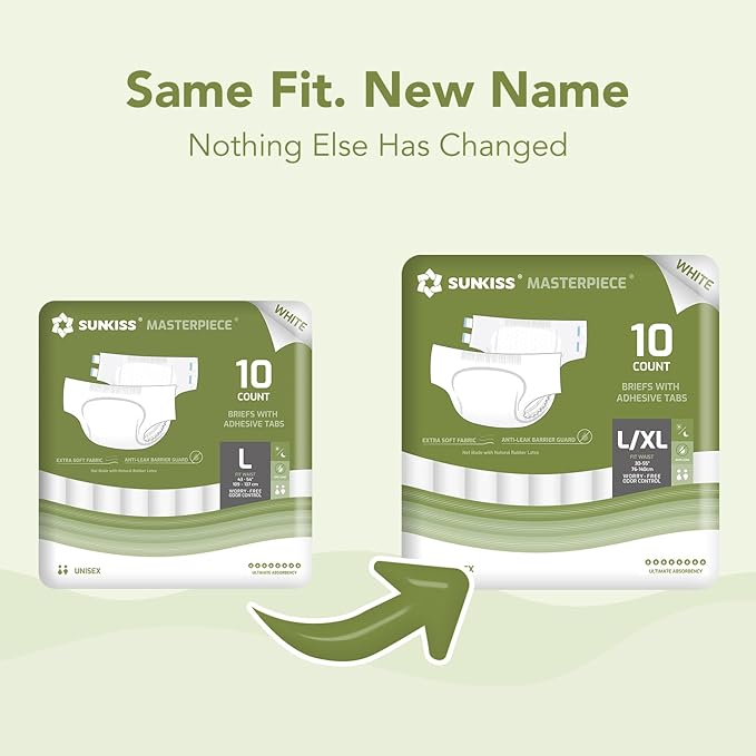 SUNKISS Masterpiece Adult Diapers with Tabs, Unisex Disposable Incontinence Briefs for Women and Men, Odor Control, White, Large/XLarge, Previously Large, 10 Count