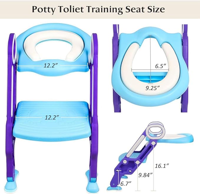 Potty Training Toilet Seat with Step Stool Ladder for Kids and Toddlers Adjustable Toilet Training Seat with Soft Not-Cold Padded Seat Safe Handles and Non-Slip Wide Steps, Purple and Blue