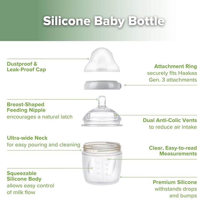 haakaa Gen. 3 Silicone Baby Bottle 160ml /5.4oz – Baby Bottles for Newborn 0M+, BPA-Free Breastfeeding Baby Bottle with Natural Latch, Slow Flow Anti-Colic Silicone Baby Bottle– Grey