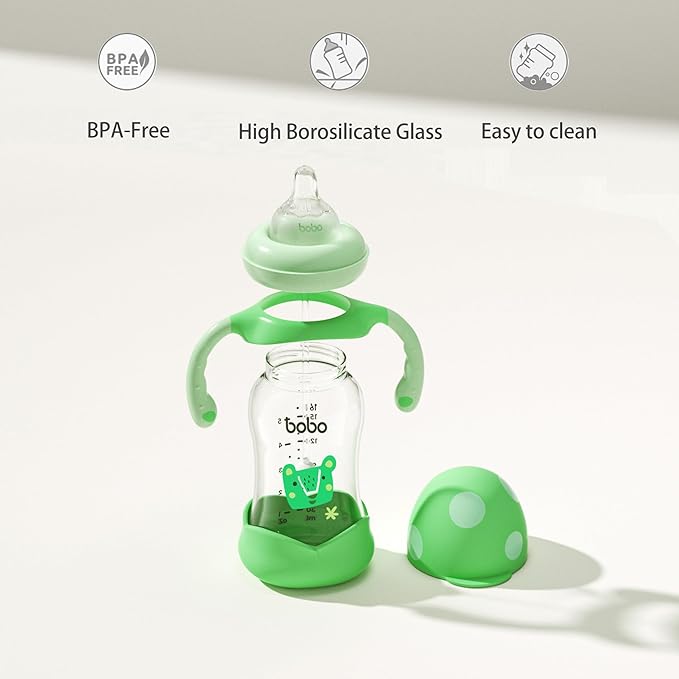 YOHKOH Natural Glass Baby Bottle with Natural Response Nipple, Wide Neck Baby Bottles with Handle, Newborn Anti-Colic Baby Bottles Gift Set, Clear (5.4oz (Pack of 2), Green)