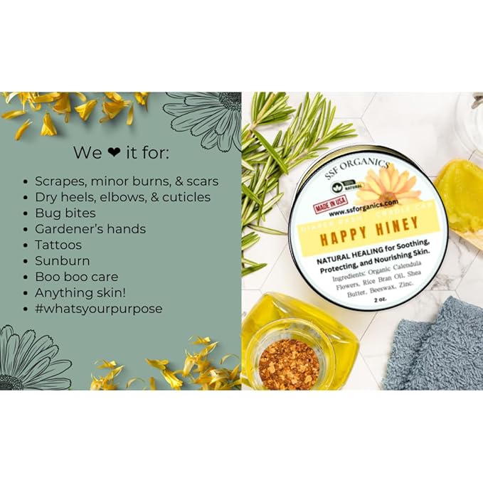 SSF Organics Baby Salve Happy Hiney | Diaper Rash | Calendula Baby Balm | 100% Organic Gentle Solutions | Hand Crafted in Small Batches | Made with Calendula, Lavender and Shea. 2, Ounce Pack of 1