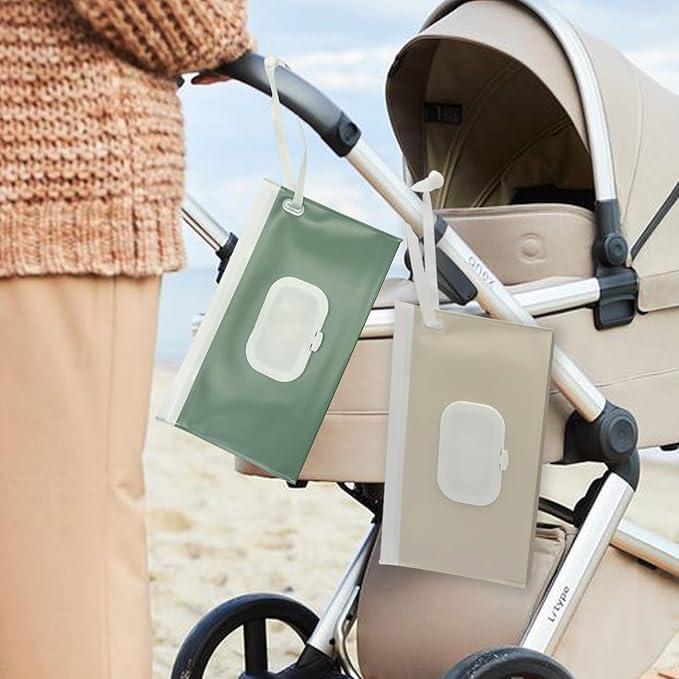 Wipe Dispenser,2-Pack Portable Refillable Wipe Container,Reusable Travel Baby Wipes Dispenser, Waterproof and Dustproof(Sage Green & Cream)