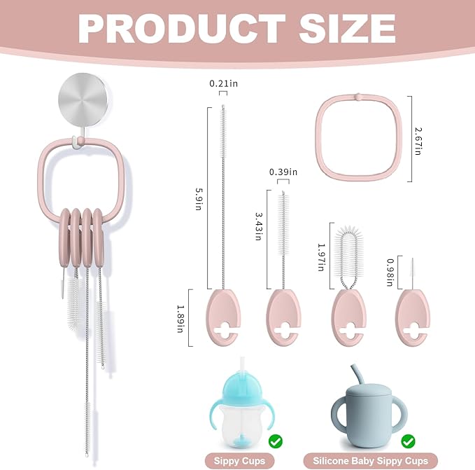 YOTIME Standing Straw Cleaner Brush Set, 4in1 Reusable Straw Brushes with Holder Ring, for Baby Bottles, Sippy Cups and Lids, Pink