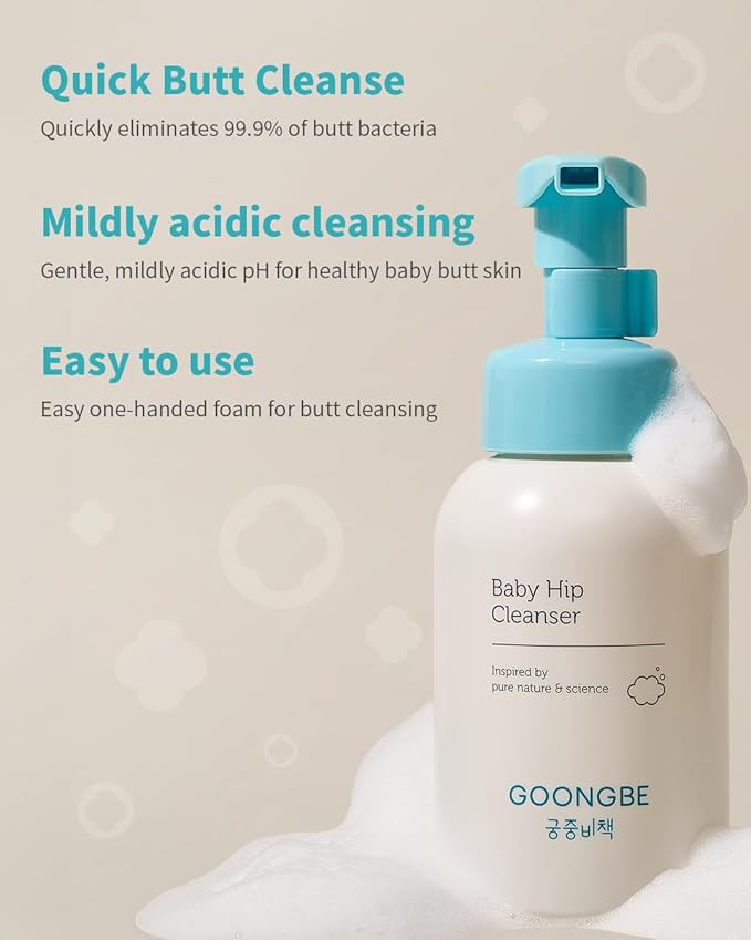 GOONGBE Baby Diapering Cleanser - Korean Baby Hip Buttocks Wash for Baby's Sensitive Skin - Dermatologically Tested - pH 5.5 Soft and Dense Bubble Foam, 10.1 fl.oz. 2 Pack