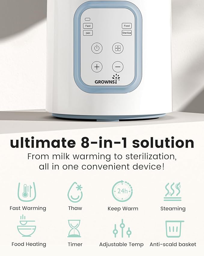 Grownsy Bottle Warmer, 8-in-1 Fast Baby Milk Warmer with Timer for Breastmilk or Formula, Accurate Temperature Control, Multifunctional Baby Bottle Warmers for All Bottles- Blue