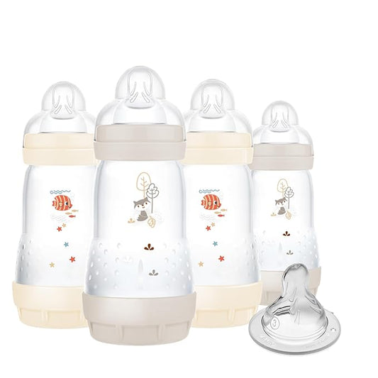 MAM 9oz Easy Start Anti-Colic Baby Bottles, Medium Flow with Bonus Fast Flow Nipple, Breastfeeding-Like Silicone, Reduces Colic and Gas, Easy-to-Clean, BPA-Free, 2 Plus Months