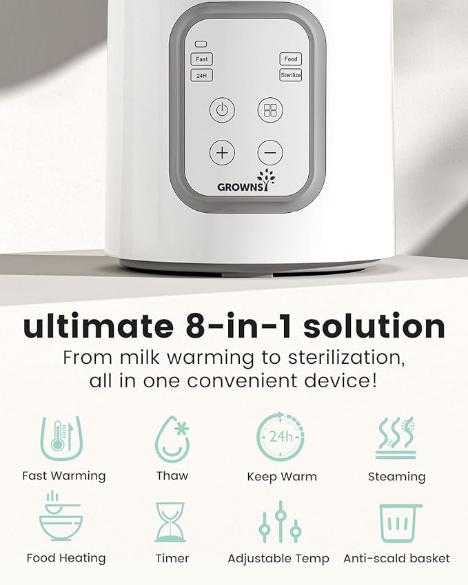 Bottle Warmer, Grownsy 8-in-1 Fast Baby Bottle Warmer with Timer, Safe for Breastmilk Nutrients, Accurate Temperature Control, with Defrost, Sterili-zing, Keep Warm, Heats Baby Food & Bottles