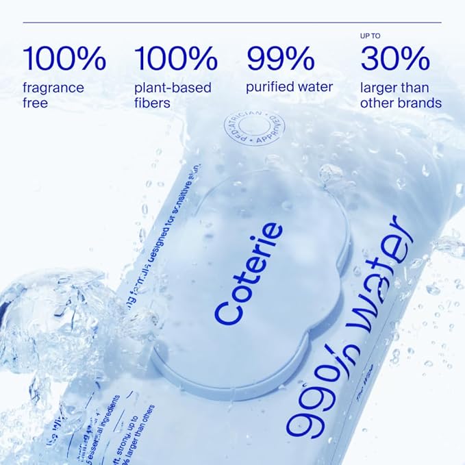 Coterie Baby Wipes for Sensitive Skin, Plant-Based and Plastic-Free Fibers, 99% Water, Hypoallergenic, pH Balanced, Unscented, Clean and Gentle Baby Essentials, 16 Pack, 896 Count