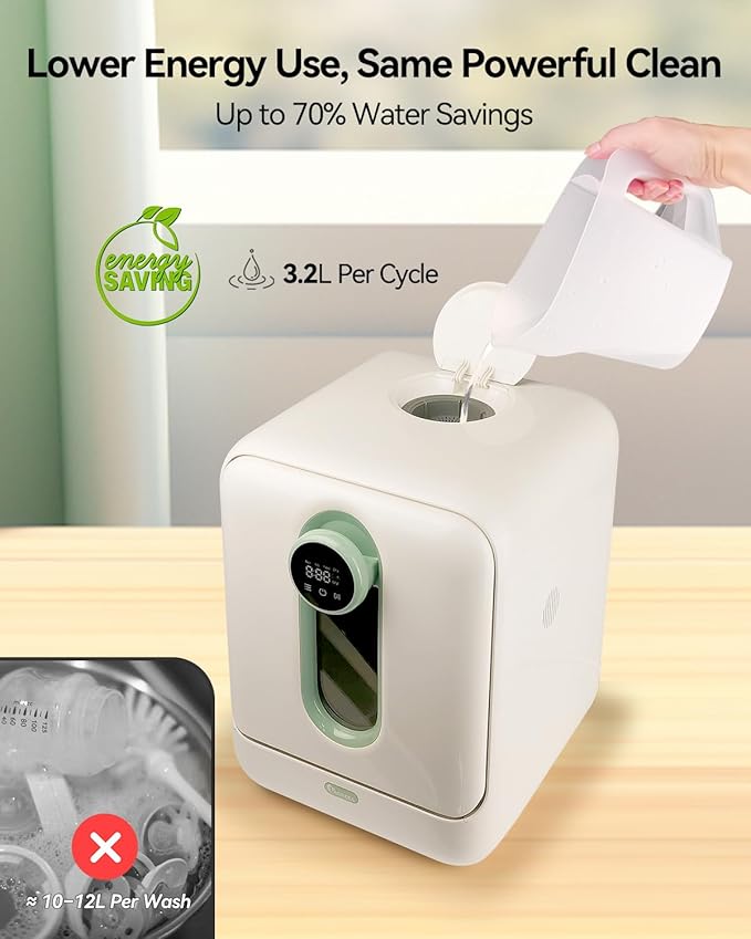 IAGREEA Baby Bottle Washer, Cleaning Machine with 4 Programs, Sterilization and Drying in One Step, 3.2L Water Tank, 360°Dual Spray, 72-hour Storage, Drawer Design, BPA-Free, One-Click Start