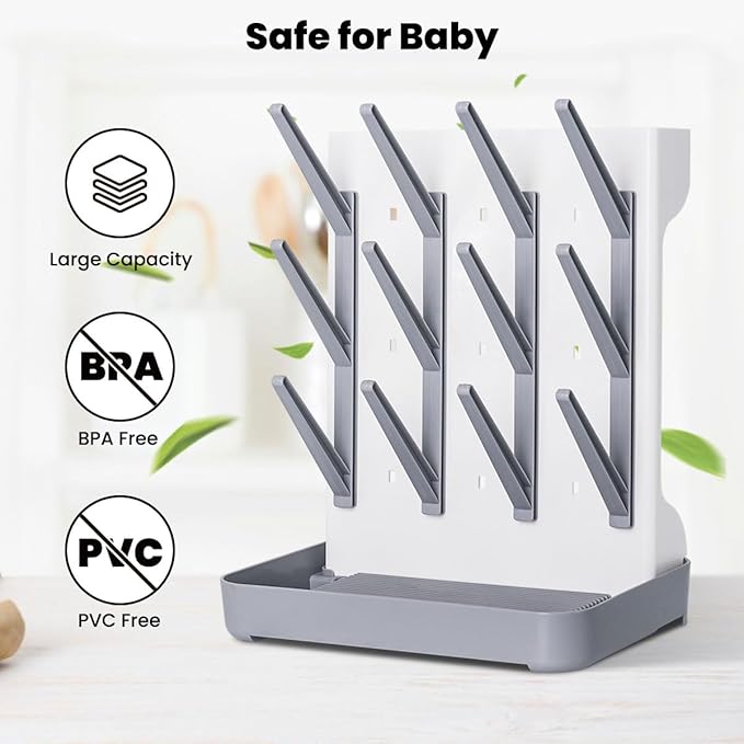 Baby Bottle Drying Rack: Vertical Space Saving Large Bottles Holder - Standing Boon Dryer Rack Baby Accessory - Countertop Holds Up to 12 Bottles & Pump Part Cleaning & Cup (Blue) (Gray)