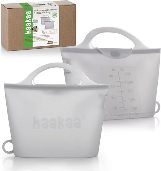 Haakaa On-The-Go Silicone Microwave Steam Sterilizer Bags for Travel, 40oz/1250ml Reusable Silicone Steaming Bags for Baby Bottles, Breast Pump, Accessories, Pacifiers, Teethers, Grey/2PCS