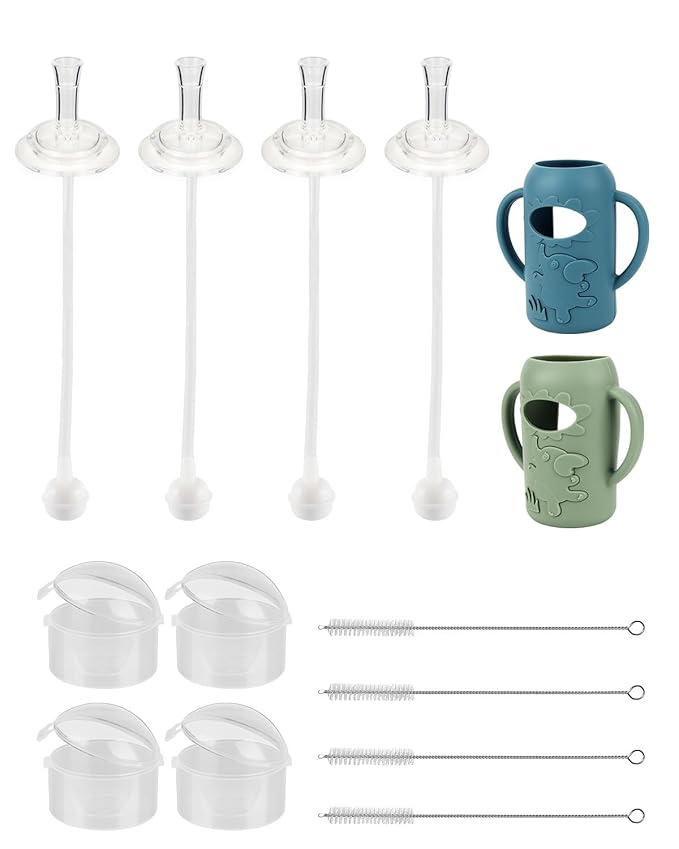 Straw Cup Conversion Kit with Silicone Sleeves for Dr. Brown's Narrow Glass Baby Bottle 4oz,Anti Breakage Baby Bottles Replacement Kit with Handle and Soft Straw Top,6m+,Set of 4